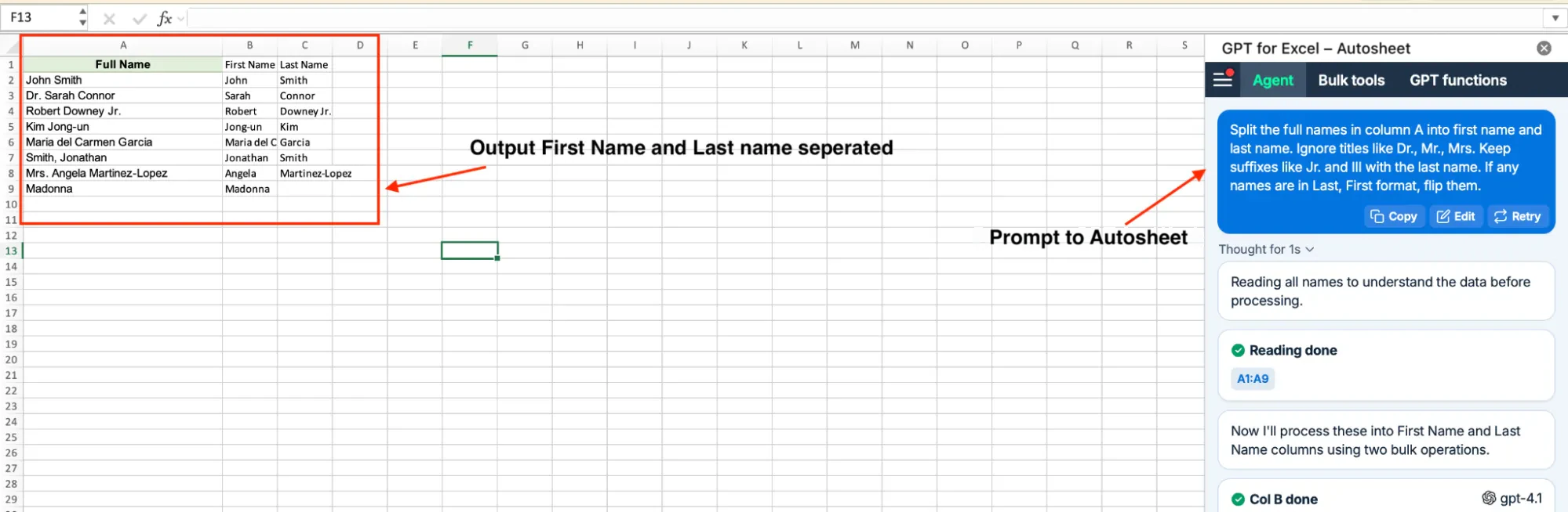 Autosheet agent splitting names in Excel