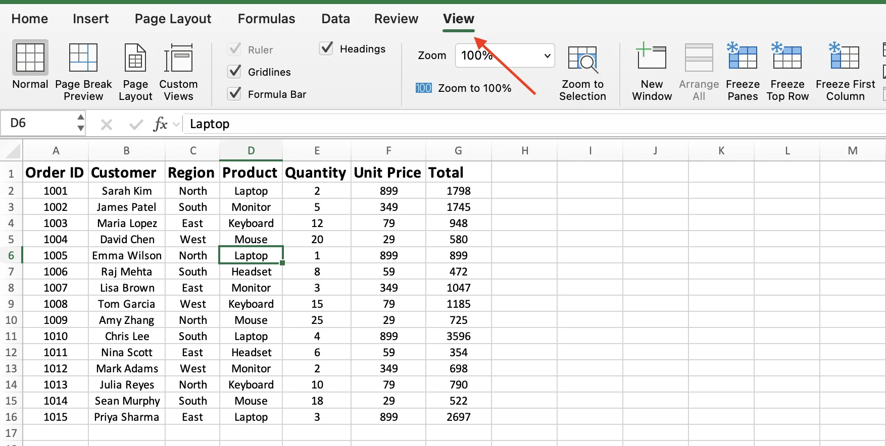 View tab for freeze first column in Excel