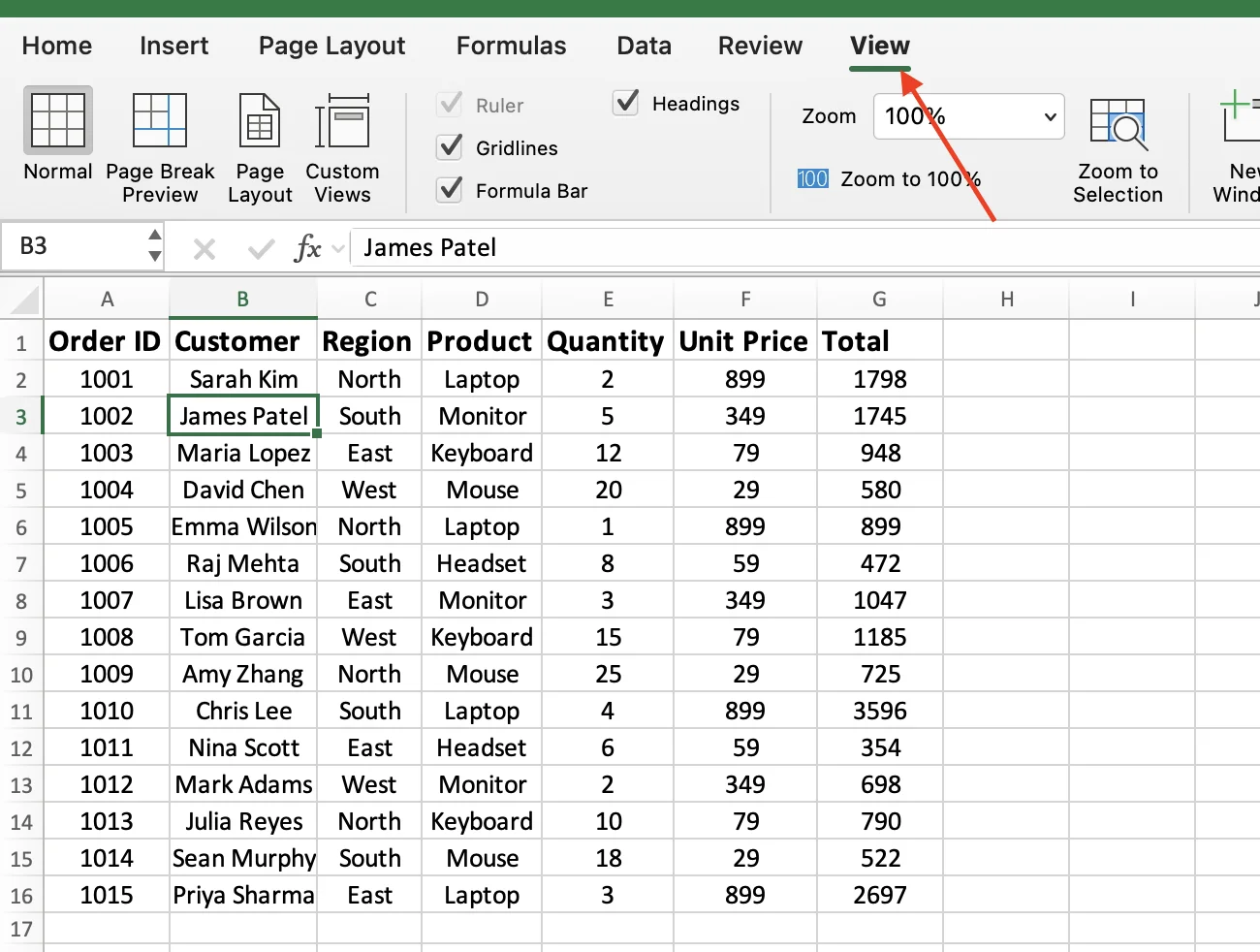 View tab before freezing multiple rows
