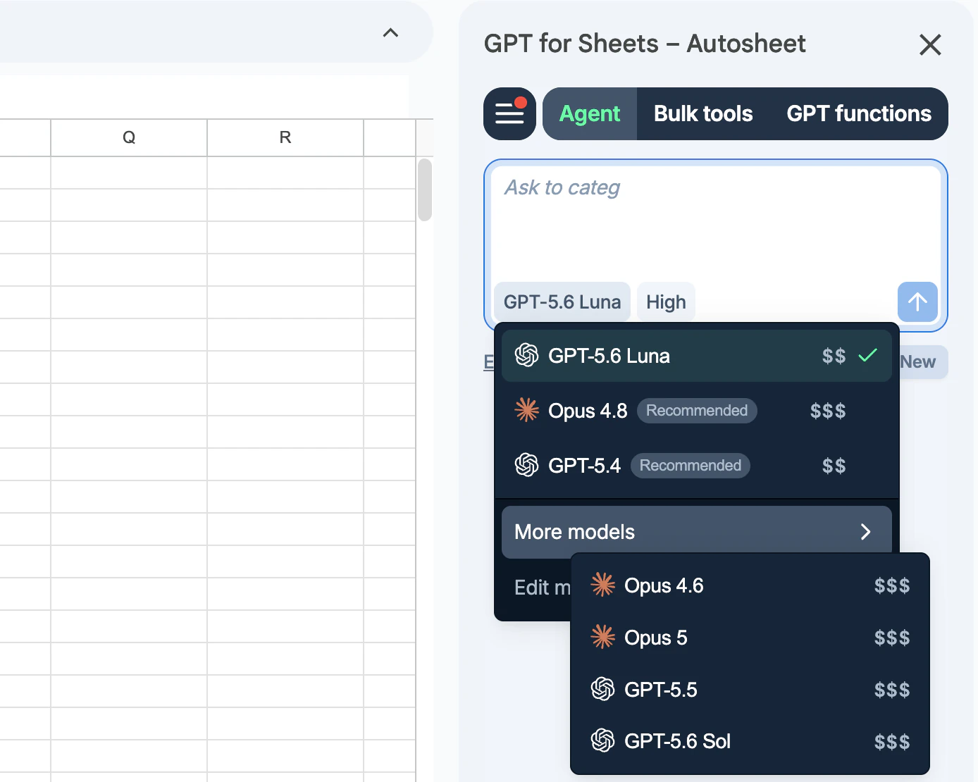 The Agent model switcher open in Google Sheets with GPT-5.6 Luna selected, and More models expanded to show GPT-5.5 and GPT-5.6 Sol