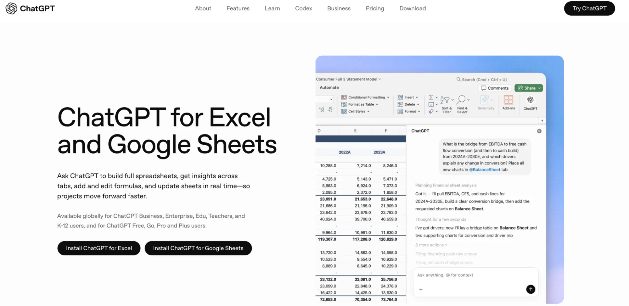 ChatGPT for Excel and Google Sheets homepage showing the ChatGPT sidebar answering a question about a financial model