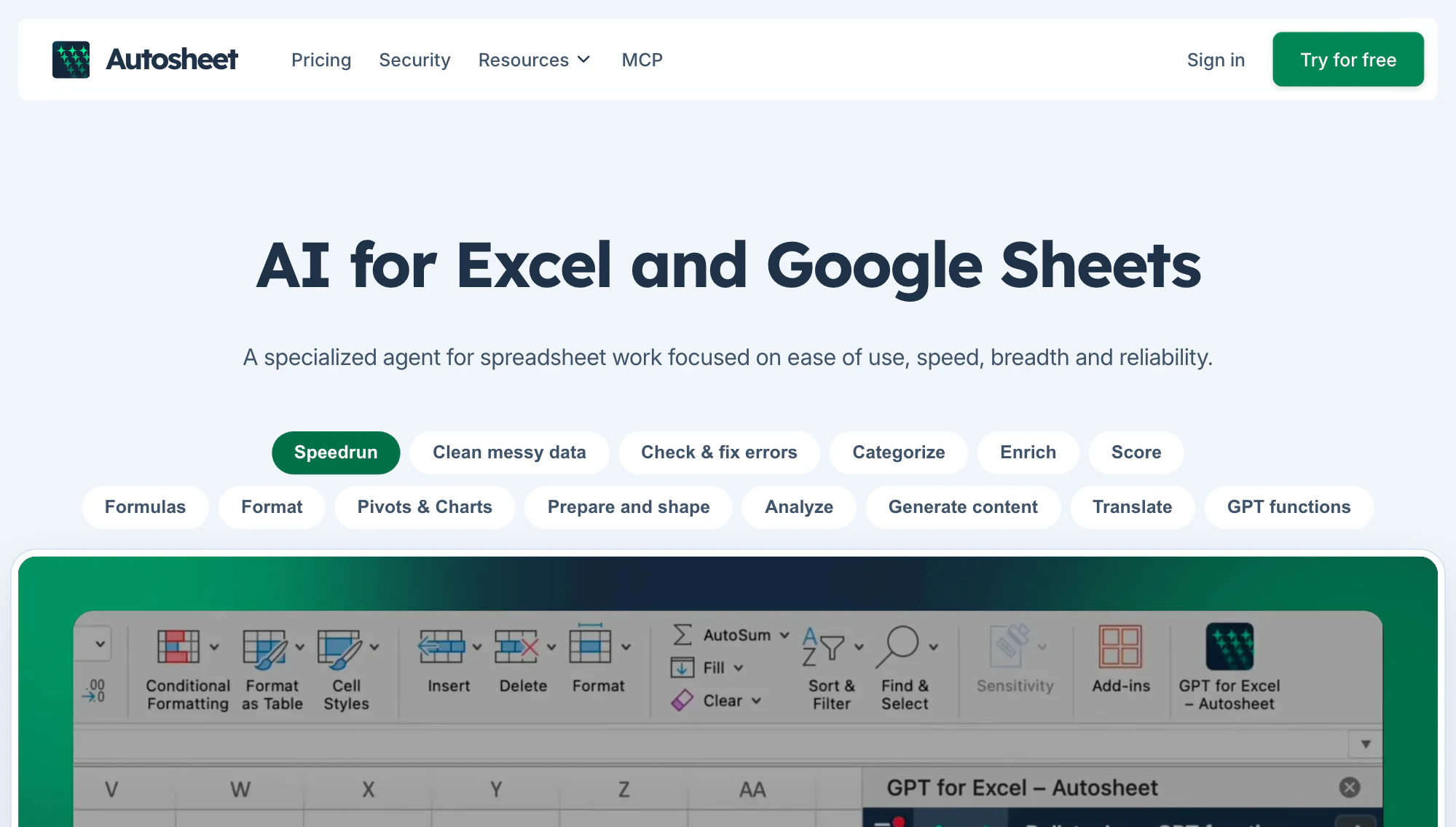 Autosheet homepage showing the agent panel open beside a spreadsheet in Excel