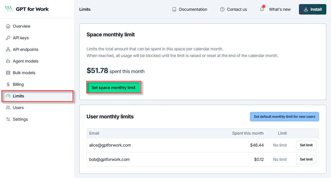 Set a monthly spending limit for your space (GPT for Work dashboard)