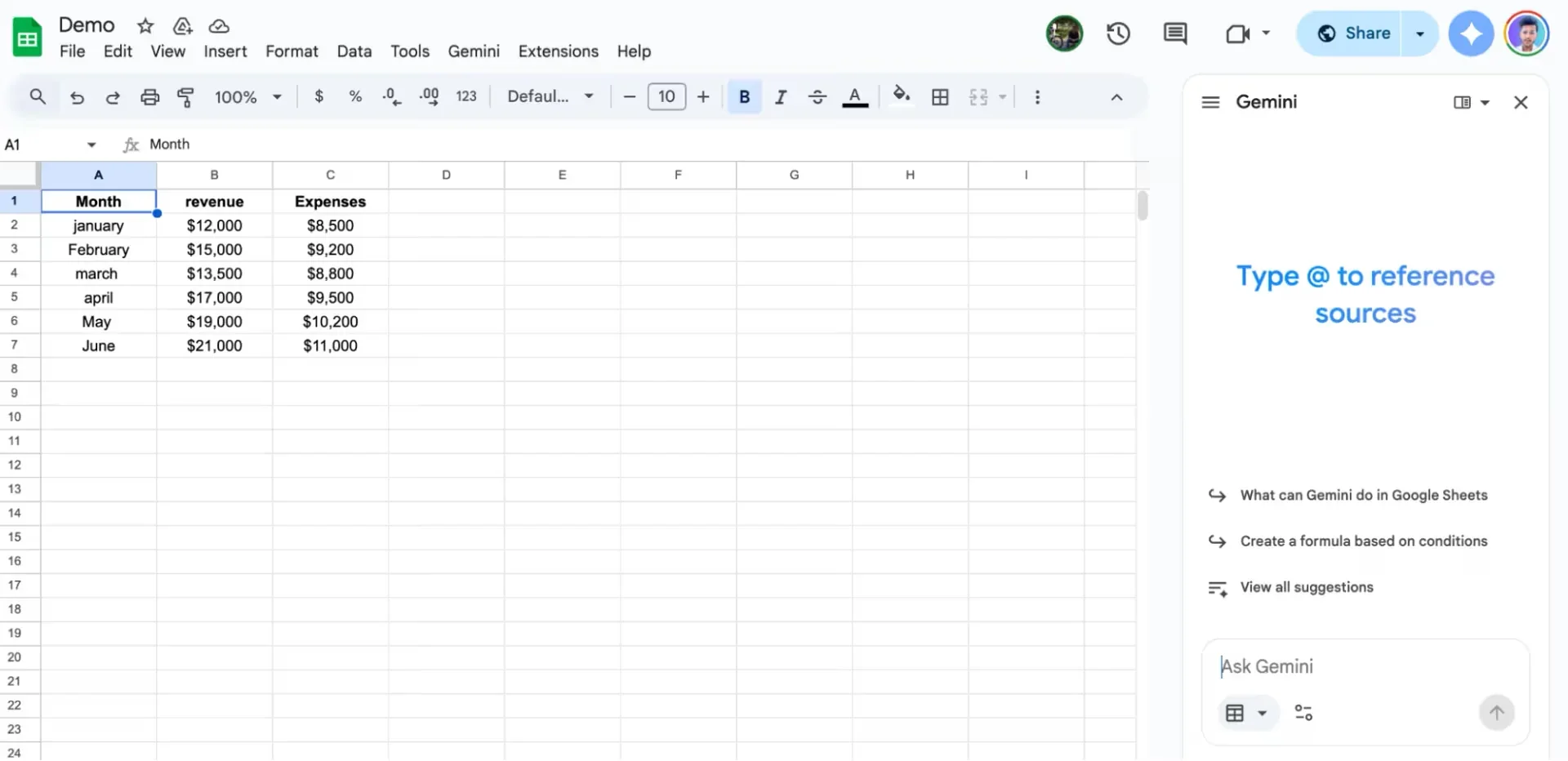 Gemini side panel open beside a revenue and expenses table in Google Sheets