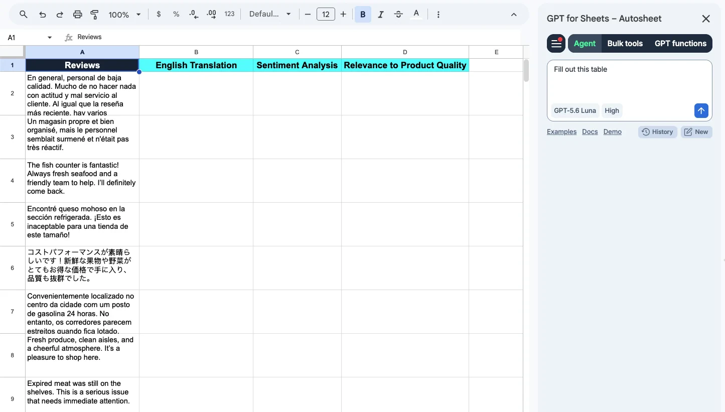 The Autosheet agent panel open in Google Sheets, asked to fill translation, sentiment, and relevance columns for a table of customer reviews