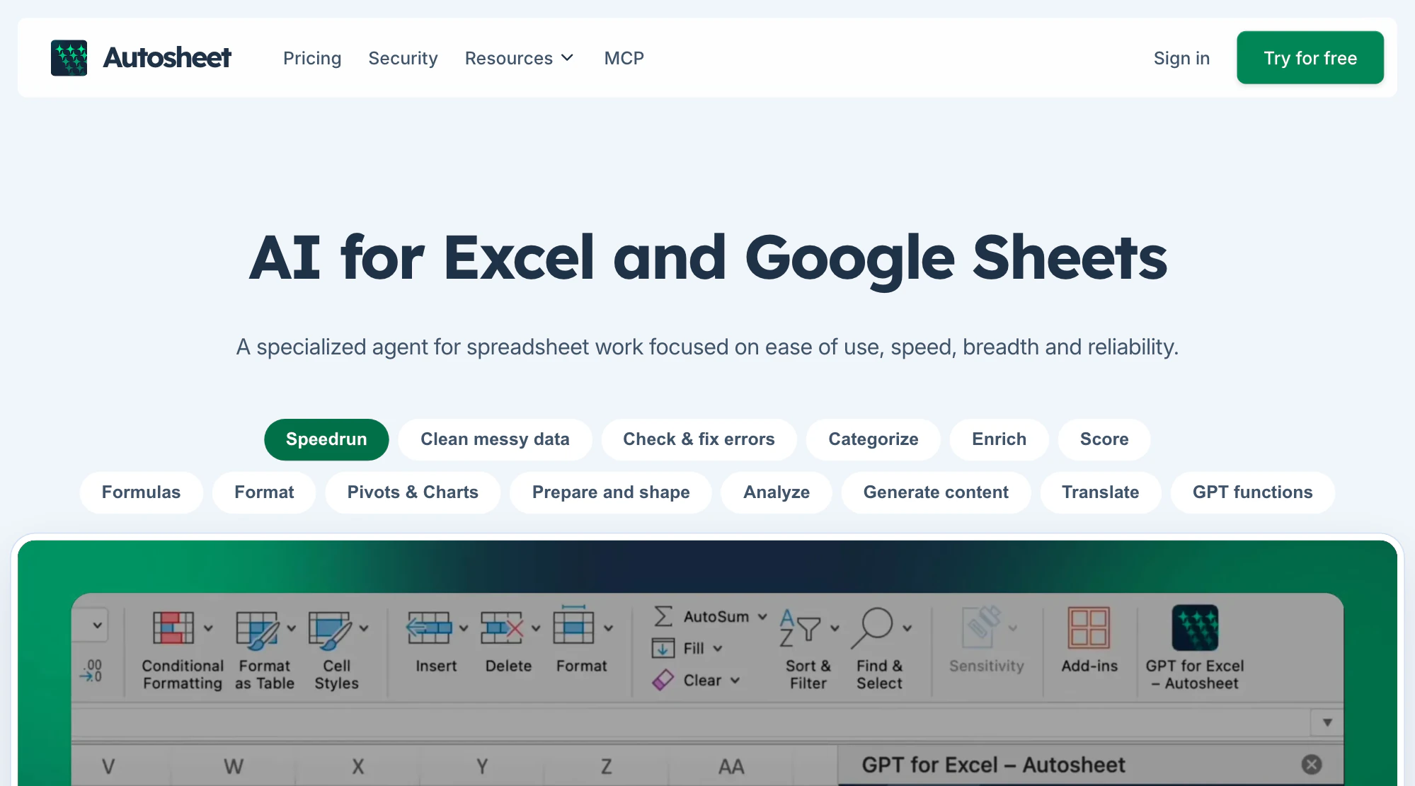 Autosheet homepage showing the agent panel open beside a spreadsheet in Excel