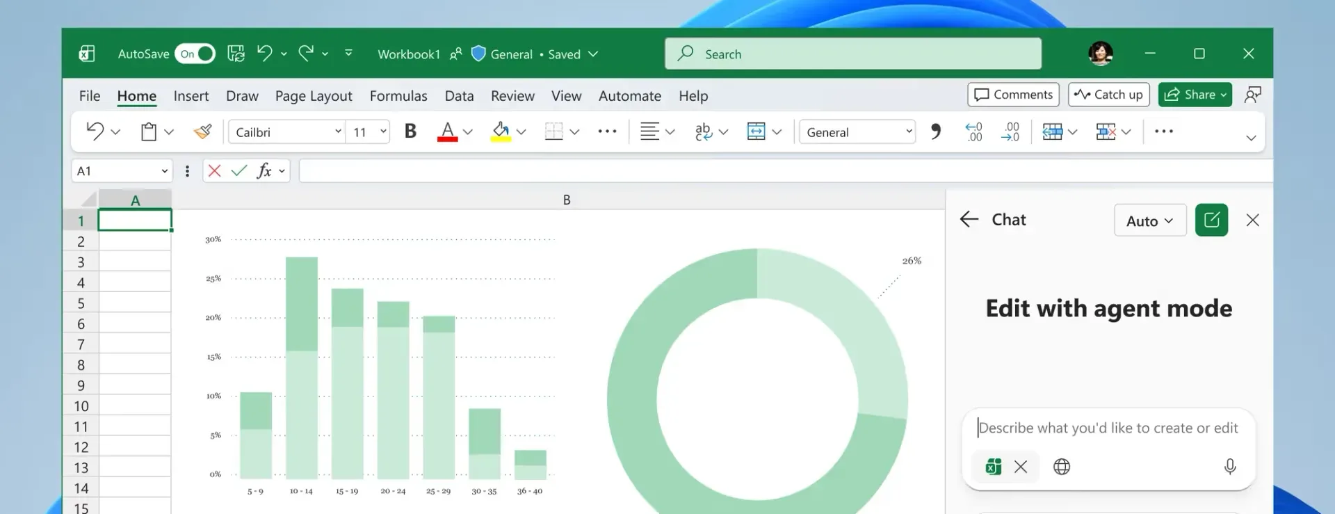 Copilot chat panel open in Excel with agent mode ready to edit the workbook