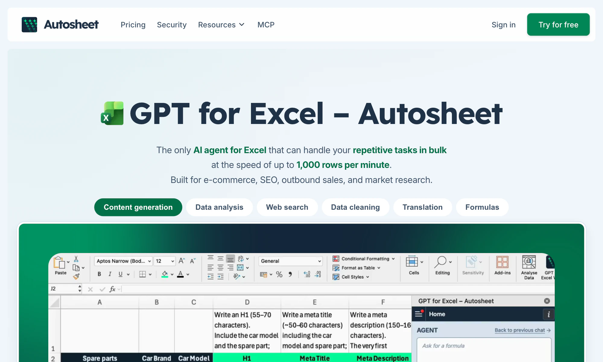 Autosheet AI agent in Excel sidebar