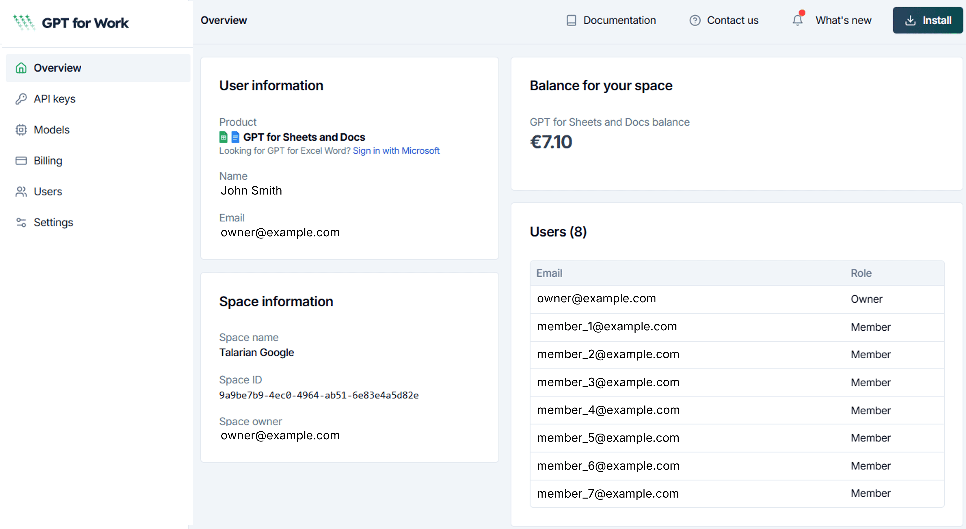 Invite and manage users to your space in GPT for Sheets dashboard