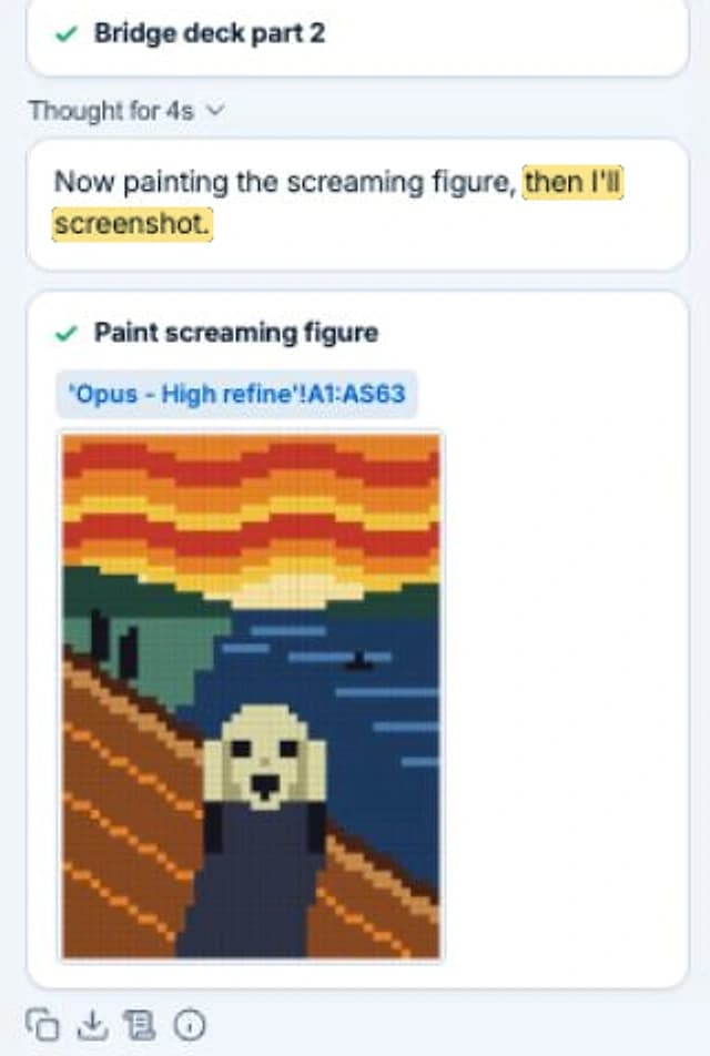 The Autosheet agent panel: Opus 5.5 writes Now painting the screaming figure, then I'll screenshot, and the Paint screaming figure step shows the picture of its first attempt, with a dog-like face