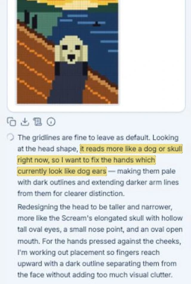 Opus 5.5's reasoning under the screenshot, highlighted: it reads more like a dog or skull right now, so I want to fix the hands which currently look like dog ears