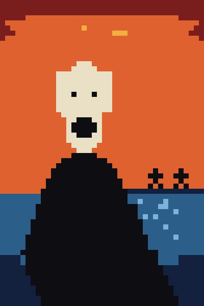 Pale head with an open mouth above a black cloak, an orange sky and dark blue water