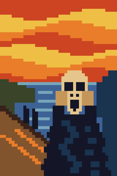 Skull-like face in a navy coat under a swirling yellow and red sky, with a diagonal bridge