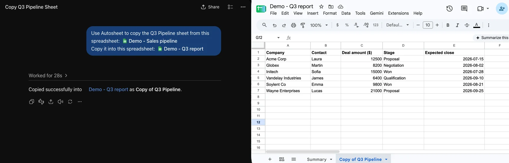 ChatGPT using Autosheet MCP to copy the Q3 Pipeline sheet into another spreadsheet, which now has a Copy of Q3 Pipeline tab next to its Summary tab
