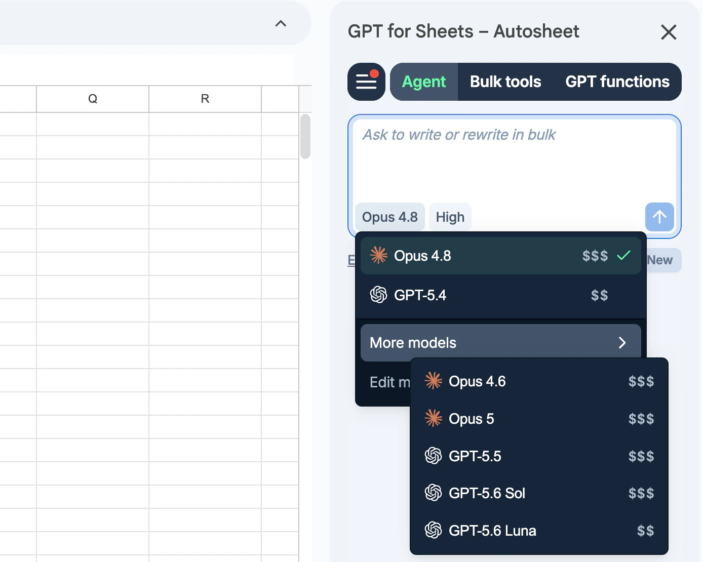 The Agent model switcher open in Google Sheets with Opus 4.8 selected, and More models expanded to show Opus 4.6 and Opus 5