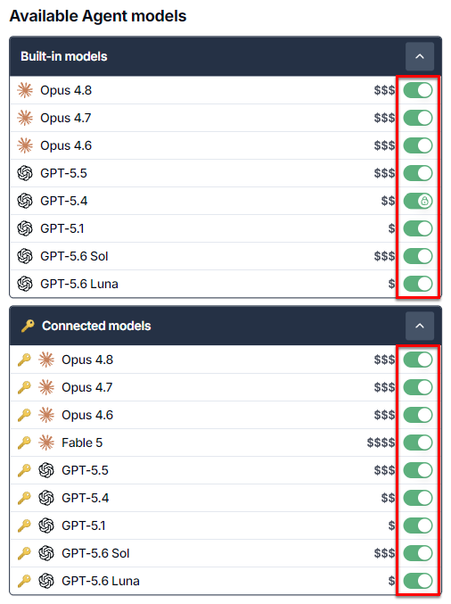 Enable or disable models for your space