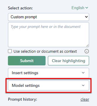GPT for Docs sidebar with Model settings section highlighted