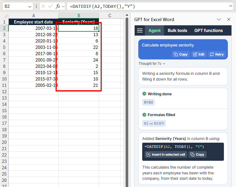 Use the Agent to generate and autofill formulas