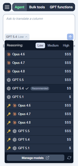 Select the Agent model in the model switcher