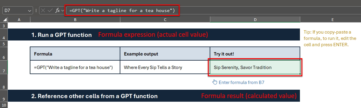 Calculated value and actual value of a GPT formula cell