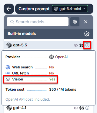 Vision model details in the model switcher