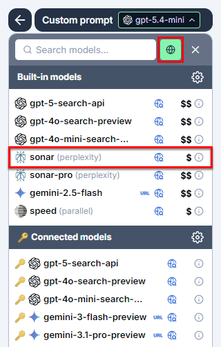 Filter for and select a web search model