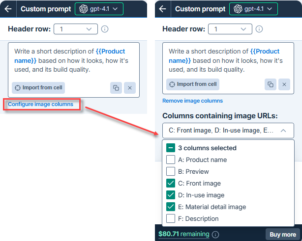 Configure image columns