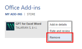 Select to remove the add-in