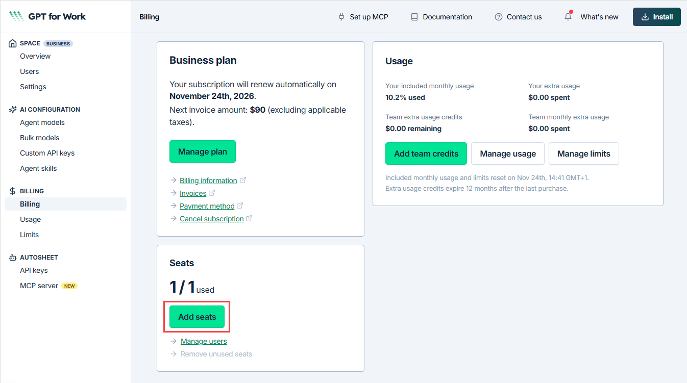 Add seats option on the Billing page