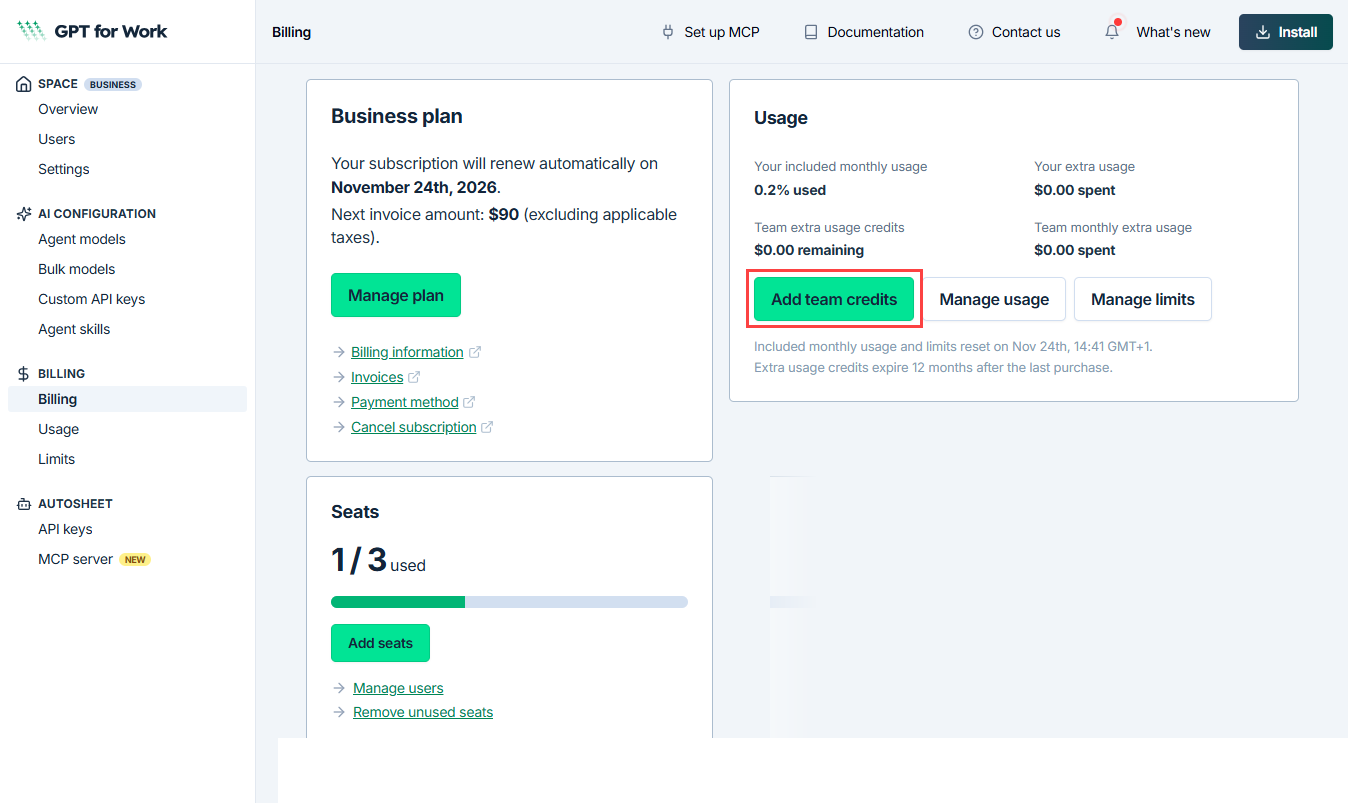 Add team credits option on the Billing page