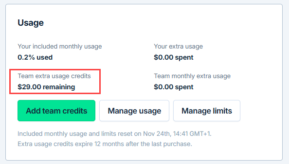 Dashboard after purchasing extra-usage credits