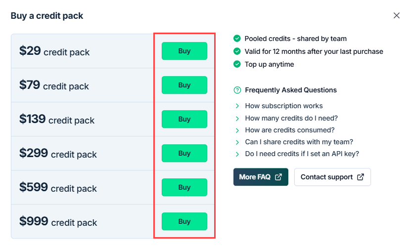 List of credit pack options