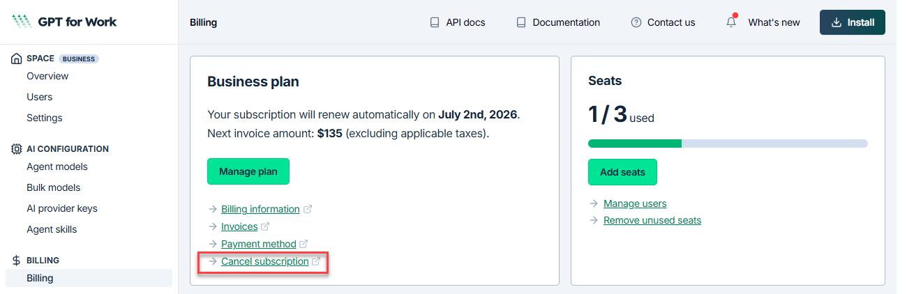 Cancel subscription option on the Billing page