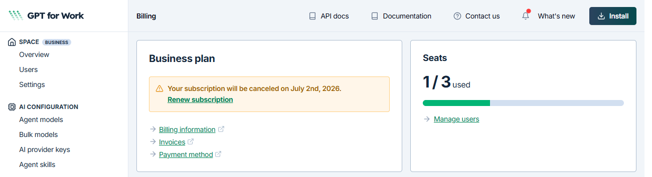 Dashboard showing the scheduled subscription cancellation