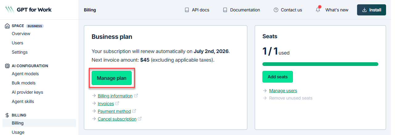 Billing page with the Manage plan button
