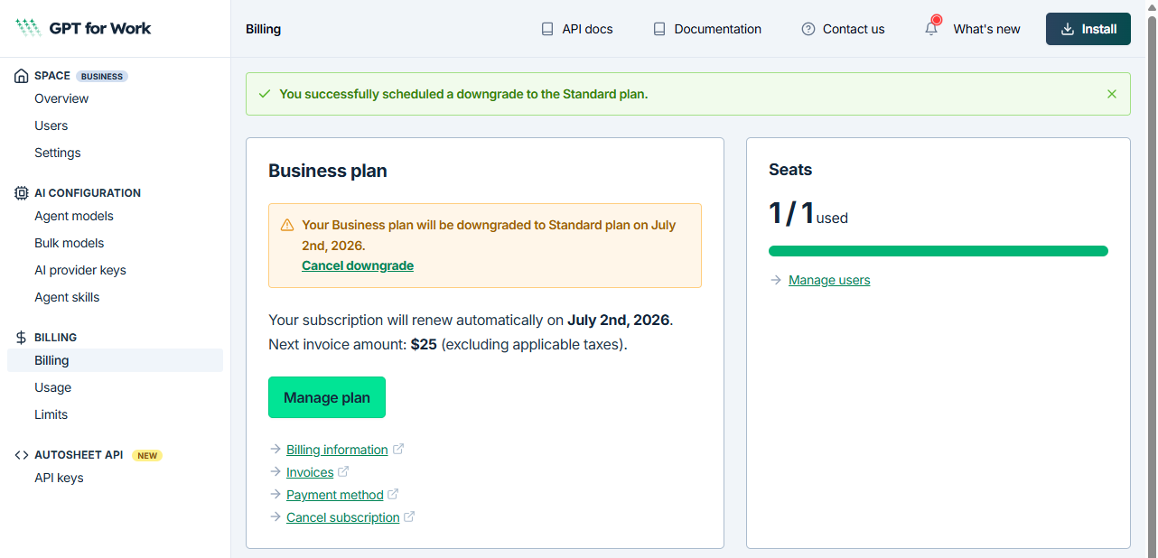 Dashboard showing the scheduled downgrade to Standard
