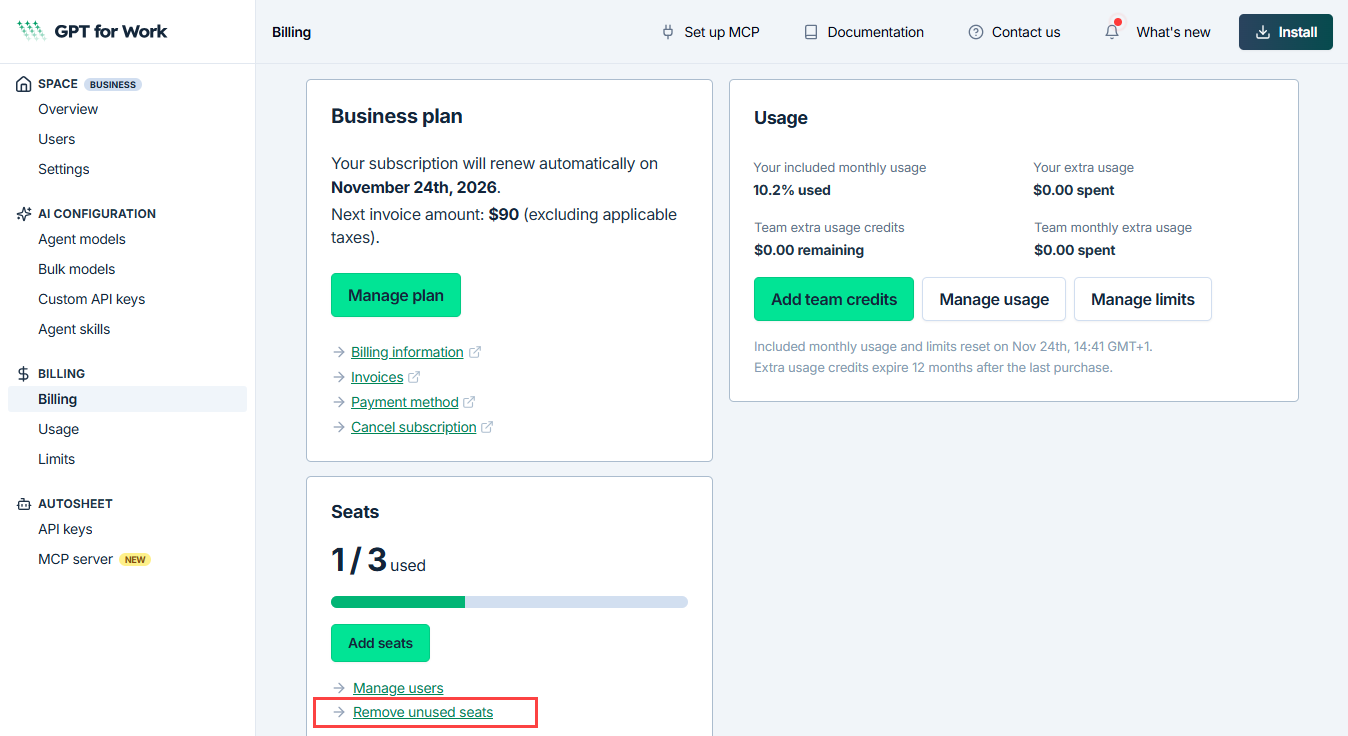 Remove unused seats option on the Billing page