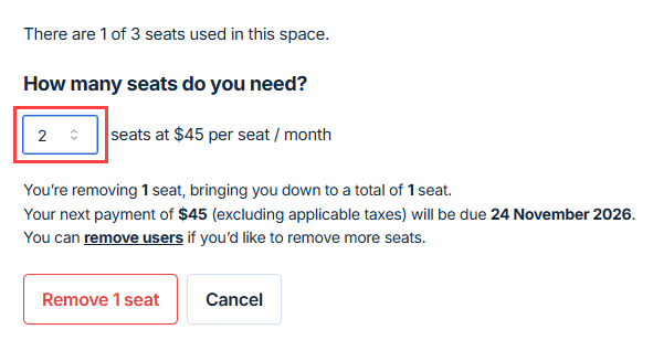 Seat selection screen showing current usage and next payment preview