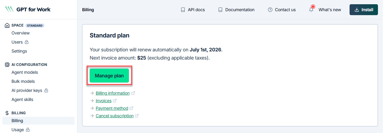 Billing page with the Manage plan button