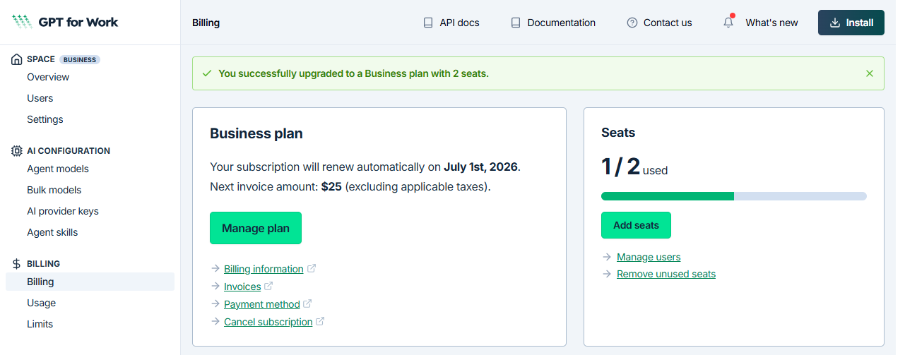 Dashboard after upgrading to the Business plan