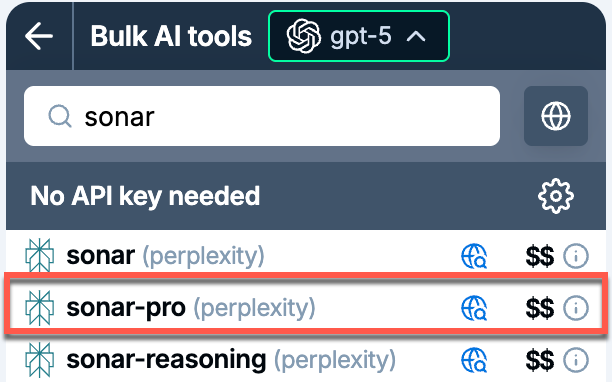 Sonar Pro model in GPT for Sheets and Excel