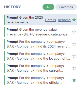 Bulk tool history options for favorites, details, and renaming in GPT for Excel