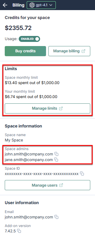 Billing page in GPT for Excel with space spending limit and admin information