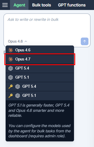 Agent model switcher in GPT for Excel with Anthropic Claude Opus 4.7