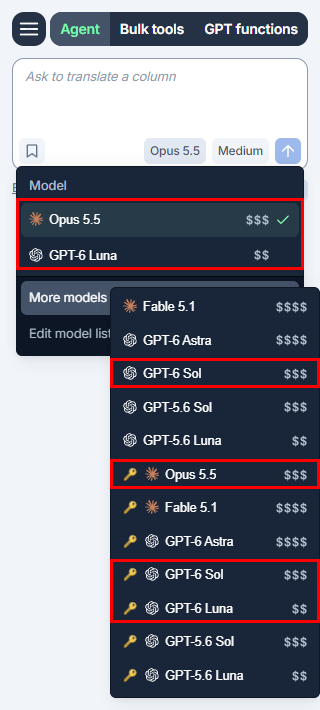 Agent model switcher in GPT for Excel with OpenAI GPT-6 Sol and Luna and Anthropic Claude Opus 5.5