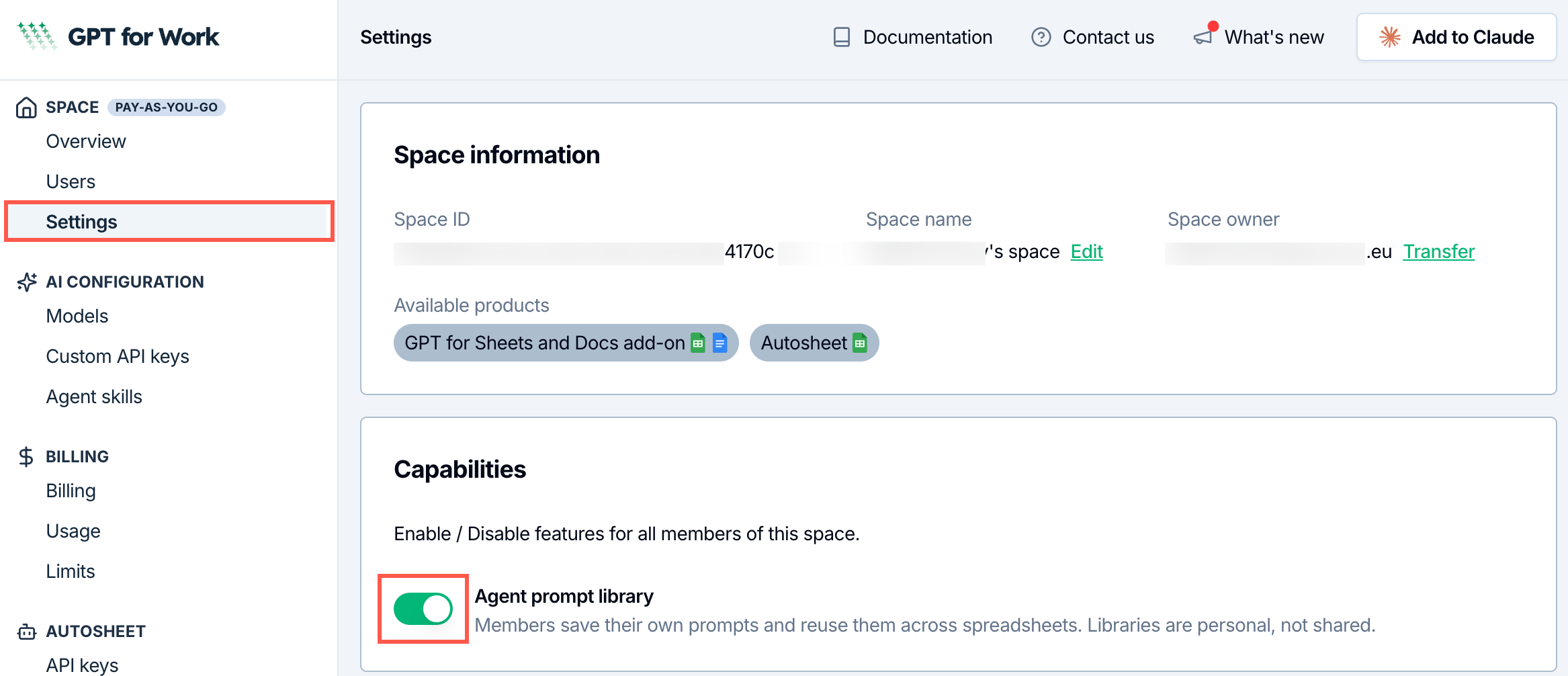 Agent prompt library setting in the Capabilities section of the space settings in the GPT for Work dashboard