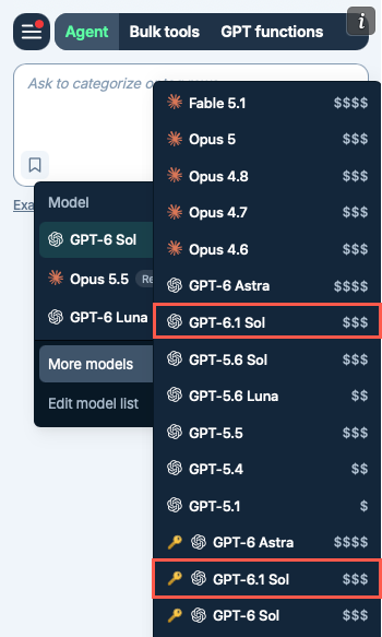 Agent model switcher in GPT for Excel with OpenAI GPT-6.1 Sol