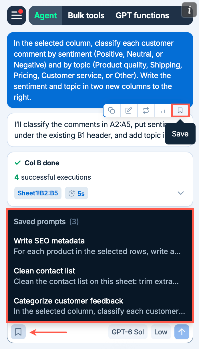 Saving a sent prompt and opening the saved prompts menu in the Agent in GPT for Sheets
