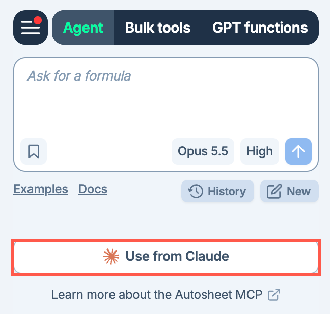 Use from Claude button for Autosheet MCP on the Agent page in GPT for Sheets