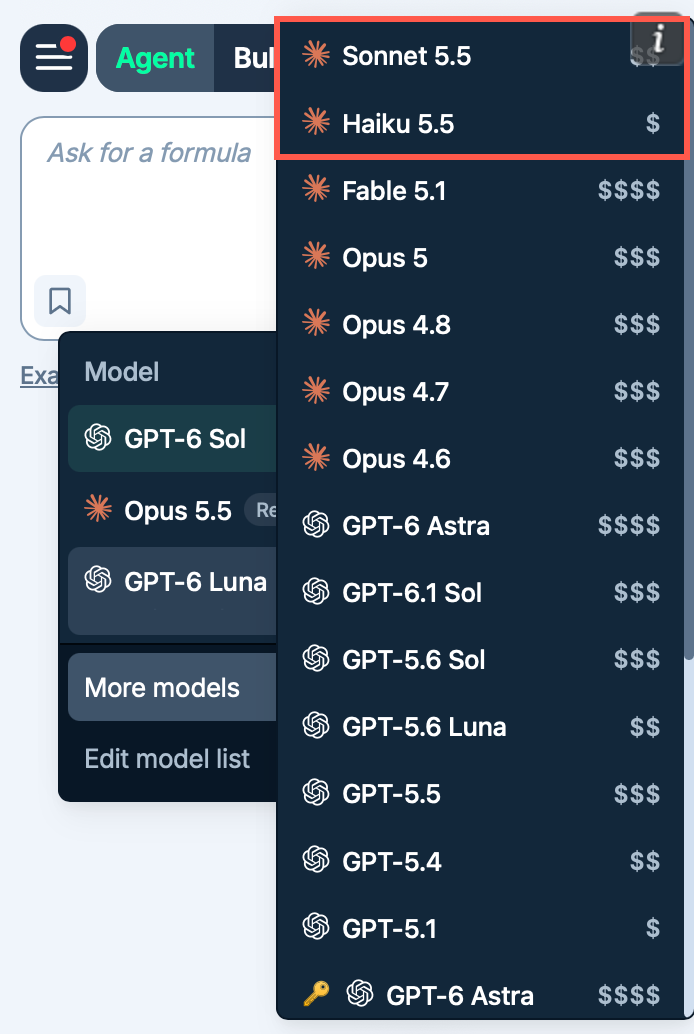 Agent model switcher in GPT for Excel with Anthropic Claude Sonnet 5.5 and Haiku 5.5